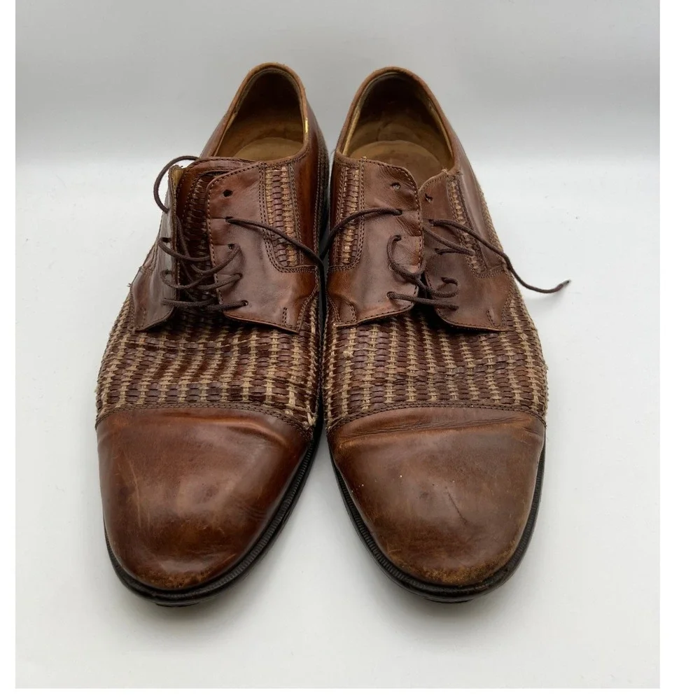 Johnston & Murphy Cellini Italy Mens 12 Brown Woven Leather Cap Toe Oxfords